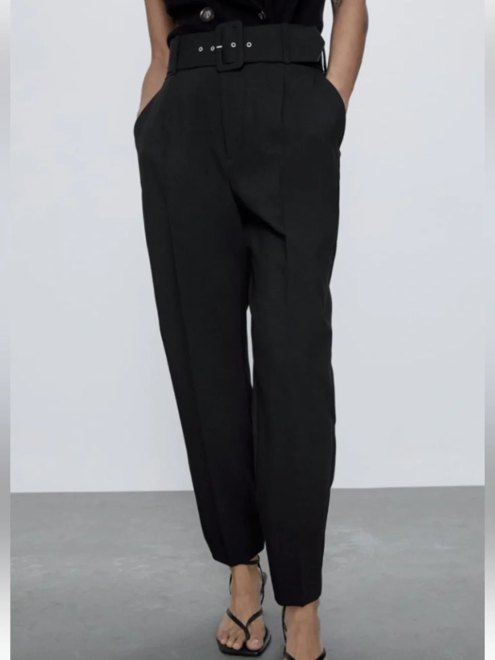 Zara Black High-Waist Tailored Trousers with Belted Waist. Size Small. Tapered. - Picture 2 of 8